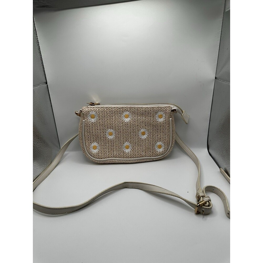 Crossi Woven Straw Crossbody Bag Daisy Embroidery Gold Hardware Beige